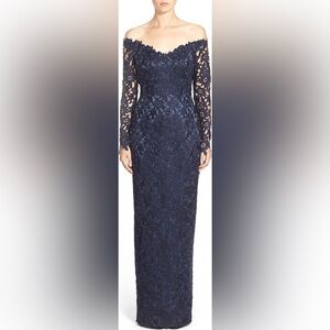 HELEN MORLEY Off the Shoulder Guipure Lace Column Long Sleeve Navy Blue Gown 12